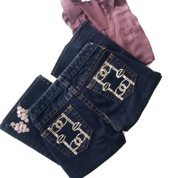 Bebe Kayla Gold Rhinestone Embellished Deep Wash Flare Stretchy Jeans Size: 26P - Picture 2 of 9